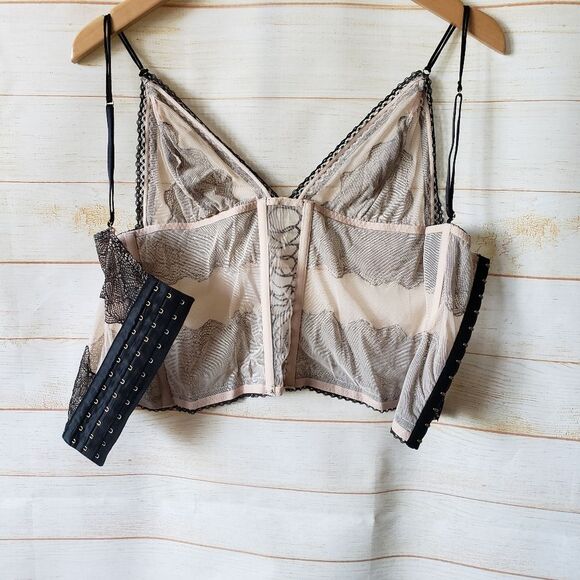 Victoria's Secret Sheer Mesh Floral Lace Up Bustier Corset Black Nude Size Large - Picture 7 of 10